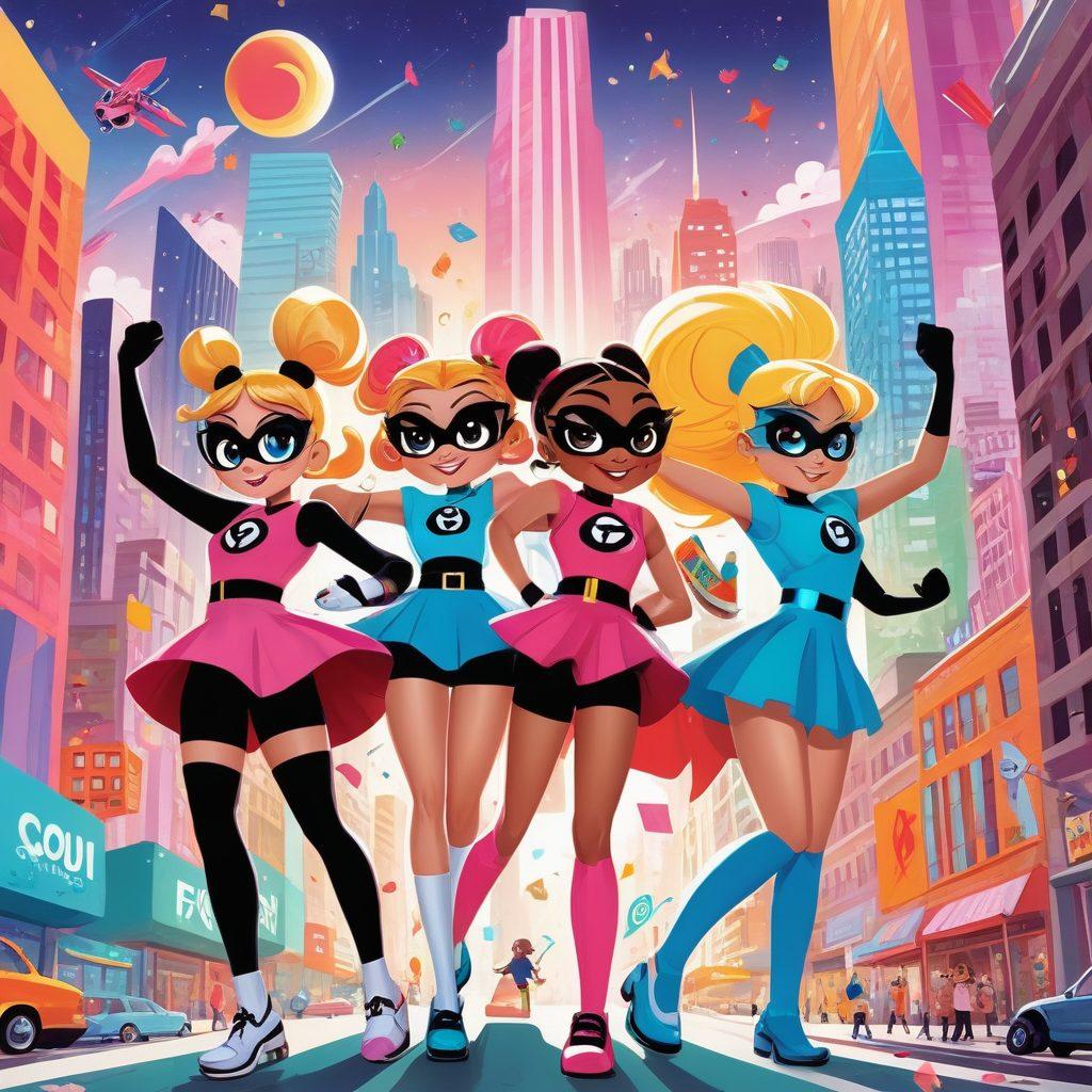 A dynamic illustration featuring the Powerpuff Girls in action, surrounded by symbols of female empowerment like books, fists raised, and diverse women celebrating their achievements. The scene should be bright and colorful, showcasing the girls' unique personalities and superhero costumes. Incorporate elements like a city skyline in the background and inspirational quotes floating around them. Cartoon style, vibrant colors, energetic composition.