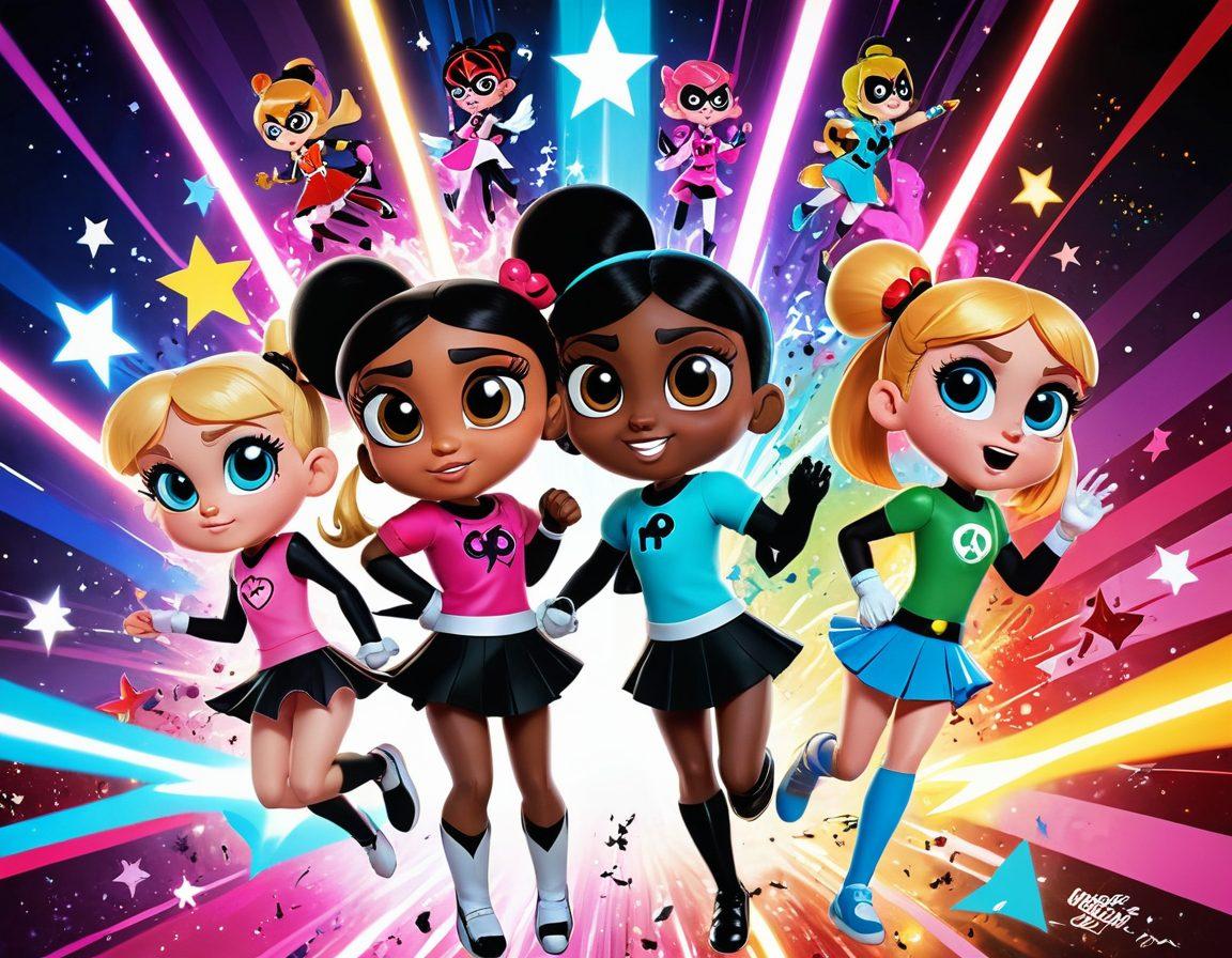 A dynamic scene featuring the Powerpuff Girls in action, surrounded by various female heroes from animation history, each showcasing their unique powers and characteristics. The background is vibrant and colorful, filled with symbols of empowerment like lightning bolts, stars, and hearts. The characters exude confidence and strength, highlighting their legacy in animation. The overall tone is celebratory and inspirational. super-realistic. vibrant colors. 3D.